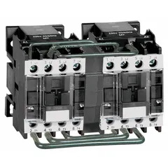 This reversing IEC contactor features three poles and three normally open contacts, rated at 9 A with a 24 V DC coil. It is used to control the direction of three-phase motors by reversing two of the three power phases, enabling forward and reverse operation in applications such as conveyors, hoists, and pumps. No integrated surge suppression is included.