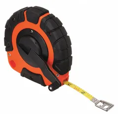 Manual closed-reel long tape measure with a 100 ft SAE steel blade graduated in 1/8 in increments on a single-sided scale. Features a stainless steel, nonmagnetic single hook end. Suitable for construction, surveying, and layout tasks requiring a durable, single-sided tape.