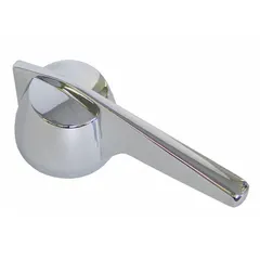 This lever handle is made of metal with a chrome finish. It is designed as a replacement handle for Symmons faucets in residential or commercial plumbing systems. The handle operates the faucet valve for water flow and temperature control.