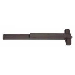 Bronze rim-type exit device with touchbar style, designed for doors up to 4 ft wide. Includes night latch outside trim. ADA compliant for accessible egress. Suitable for commercial door applications requiring panic hardware.