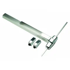 This surface vertical rod push bar is constructed of aluminum and designed for doors up to 3 ft wide. It is used in commercial and industrial settings to provide code-compliant emergency egress while maintaining door security.