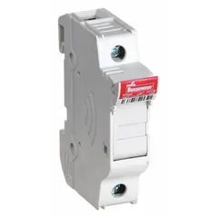 Single-pole midget fuse block rated 600 V AC. Features DIN rail mounting and box lug termination for secure installation in industrial control panels, motor control centers, and distribution boards.
