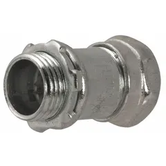 Non-insulated steel compression connector for joining rigid metal conduit to junction boxes or enclosures. Gray finish. Trade size 1-1/2 in, overall length 2-25/32 in. Provides a secure, grounded connection in electrical wiring systems.