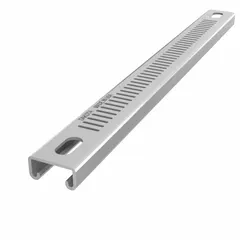 This perforated-slot strut channel is fabricated from steel with a pre-galvanized zinc finish in gray. It features a 12 ga gauge and narrow slotted design with 8 mm slot spacing. Used for supporting and securing mechanical, electrical, and plumbing systems such as conduit, piping, and cable trays in industrial and commercial construction.