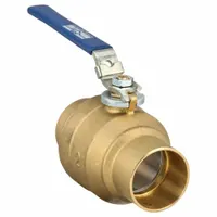 This 2-inch brass ball valve features a full port design for minimal pressure drop and sweat x sweat connections for copper pipe installation. The straight body configuration and locking lever handle provide secure on/off flow control in plumbing, HVAC, and process piping systems