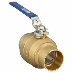 This 2-inch brass ball valve features a full port design for minimal pressure drop and sweat x sweat connections for copper pipe installation. The straight body configuration and locking lever handle provide secure on/off flow control in plumbing, HVAC, and process piping systems.