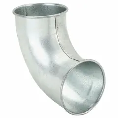 Steel elbow with 90° angle, 4 in duct diameter, 10 in overall length, and 1 1/2 in centerline radius. Used in ductwork to change airflow direction, suitable for ventilation and material handling systems.