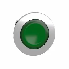 Momentary-action illuminated flush-mount push-button operator from the XB4 series. Features a metallic push button material and green operator. Suitable for use in control panels and industrial machinery for momentary control and visual indication.