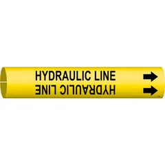 Yellow snap-on pipe marker with black 'Hydraulic Line' legend and directional arrows. Fits pipe outer diameters from 3/4 to 1-3/8 inches. Supplied as a single marker for identifying hydraulic lines in piping systems.
