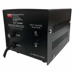 Single-phase voltage converter for stepping up or stepping down between 110V and 220V AC. Operates at 50/60 Hz with a 500 VA power rating and two outlets. Suitable for adapting electrical equipment to different voltage standards in various settings.