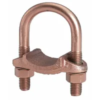 Copper U-bolt ground clamp for connecting grounding wires to pipes and rods. Fits 1 1/4 in pipe and 1 3/8 in to 1 1/2 in rod, accommodates one grounding wire. Rated for direct burial, used in electrical grounding systems