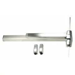 Surface vertical rod exit device with Touchbar design, constructed of aluminum. Rated for doors up to 3 ft wide. Used in commercial, institutional, and industrial settings for code-compliant emergency egress.