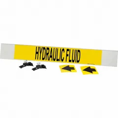 Yellow fiberglass pipe marker with black legend reading 'Hydraulic Fluid' and arrows. Fits pipe outer diameter 8 inches and larger. Mounted with strapping for secure attachment. Used to identify hydraulic fluid lines in industrial piping systems.