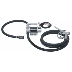 This portable fuel transfer pump operates on 12 V DC and is suited for transferring diesel, gasoline, and other non-flammable liquids from drums or tanks. It features a 1/4 hp motor, a maximum flow rate of 12 gpm, and includes a 13 ft hose with nozzle. Meter is not included.