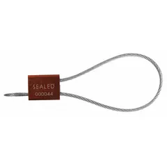 Adjustable-length cable seals made of aluminum with a 12-inch cable length and 9/64-inch cable diameter. White marking reads 'Sealed' with random numbering. Supplied in a 200-pack. Used for tamper-evident securing of containers, meters, and valves in logistics and utility applications.