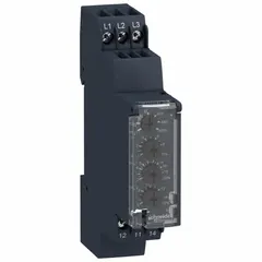 This DIN-rail mounted relay monitors undercurrent conditions in electrical circuits. It features 6 screw terminals, a 5 A rating, and operates on 24 to 48V AC/DC with a drop-out range of +/- 10%. Typical applications include motor protection, pump control, and conveyor systems to detect load loss or equipment malfunction.