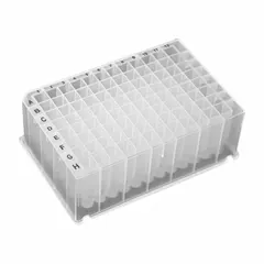 96-well polypropylene deep well plate with colorless body and square wells. Each well has a 2.3 mL capacity and 8.2 mm diameter. RNase/DNase free for sensitive applications. Used for high-throughput sample storage, mixing, and assay preparation in molecular biology and genomics.