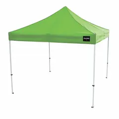 This manhole shelter provides a covered work area for outdoor confined space entry. The high-visibility green polyester canopy is UV treated for sun resistance. The steel frame includes stakes for secure ground placement.