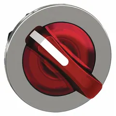 This 30 mm panel-mount illuminated selector-switch operator from the Series XB4 features a metallic bezel and a short handle. It offers two positions with maintained/momentary action, suitable for industrial control applications such as machine start/stop or mode selection. No cam is included.