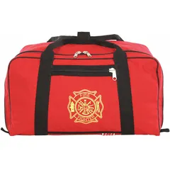 This red nylon duffle bag provides 5,200 cubic inches of interior volume for organizing and transporting medical supplies and trauma equipment. Dimensions are 24 inches long, 13 inches wide, and 16 inches high. Suitable for emergency medical services, field hospitals, and tactical medical teams.