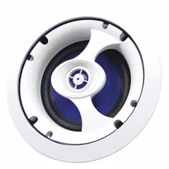 Passive 2-way ceiling-mount speaker for indoor use. Features an 8 ohm impedance and 8-inch overall width. Suitable for background music or paging in commercial spaces such as offices, retail stores, and conference rooms.