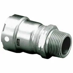This stainless steel press fitting connects press-fit piping to male NPT threaded components. It features a 1-1/4 inch pipe size on both ends, with a Press-fit x MNPT connection type and an FKM seal. Suitable for use in commercial plumbing, HVAC, and industrial fluid systems.