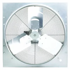 Standard direct-drive panel exhaust fan with a 24-inch blade, 1/4 hp motor, and 4,240 cfm airflow at 115V AC single phase. Galvanized steel frame with stamped construction and totally enclosed air-over motor with Class B insulation. Includes intake guards. Suitable for general ventilation in industrial and commercial facilities to remove heat, fumes, and stale air.