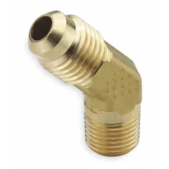 This brass flared/threaded elbow connects 5/8-inch OD tubing to 3/8-inch pipe threads at a 45-degree angle, conforming to SAE J513. Suitable for hydraulic, pneumatic, instrumentation, and lubrication lines where space-saving routing is needed. Supplied in a 10-pack.