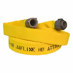 Double-jacket attack fire hose with 2 in inside diameter and 100 ft length. Features NST x NH couplings with Rocker lug design and aluminum fittings. Yellow color. Suitable for delivering water or suppressants in firefighting operations.