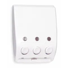 This wall-mount dispenser is constructed of white ABS plastic for moisture and impact resistance. It is suited for dispensing soap, lotion, or other toiletries in commercial restrooms and public spaces. Dimensions: 7 3/4 in width, 3 3/4 in depth.
