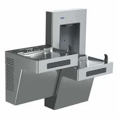 This on-wall two-level drinking fountain with bottle filler features a 304 stainless steel silver housing and top panel filter access. It provides a chilling capacity of 8 gallons per hour at 50°F and is equipped with a touchless sensor for hands-free operation. Suitable for commercial and institutional settings requiring a wall-mounted water dispenser.
