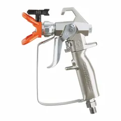 This GRACO airless spray gun features an aluminum body and a 1/4 in NPSM air inlet. It is designed for applying coatings, enamels, lacquers, and stains. The gun includes a RAC 5 517 SwitchTip and is compatible with stains. Typical applications include industrial finishing and maintenance painting.