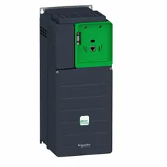 The SCHNEIDER Altivar ATV930D22N4ZU is a compact variable frequency drive with three-phase output, rated for 25 hp. It features programmable control and no bypass, suitable for speed and torque regulation of three-phase induction motors in industrial applications such as conveyors, pumps, and fans. The drive is black/green in color.