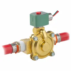 This REDHAT solenoid valve is a 2-way, 2-position normally closed type with a 1-inch pipe size and 12V DC operation. It features a watertight coil enclosure and is designed for high-flow applications. Typical uses include on/off control of fluids in industrial automation, water treatment, and process systems.