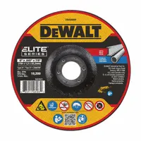 This DEWALT Elite cut-off wheel is a Type 27 depressed center wheel measuring 5 inches in diameter, 0.045 inches thick, with a 7/8-inch arbor hole. It features 60-grit zirconia alumina abrasive, designed for high-performance cutting of carbon and stainless steel. Commonly used in metal fabrication, maintenance, and repair tasks