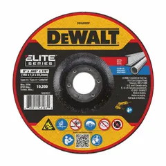 This DEWALT Elite cut-off wheel is a Type 27 depressed center wheel measuring 5 inches in diameter, 0.045 inches thick, with a 7/8-inch arbor hole. It features 60-grit zirconia alumina abrasive, designed for high-performance cutting of carbon and stainless steel. Commonly used in metal fabrication, maintenance, and repair tasks.