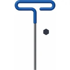 T-shaped hex key with a 10 mm metric tip, long length, and black finish. Made from alloy steel. Used for tightening or loosening metric socket-head cap screws and set screws, particularly in confined spaces.
