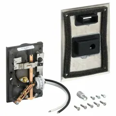 Single-temperature pneumatic thermostat with reverse action, designed for 2-pipe high volume air flow systems. Temperature control range of 55° to 85°F. Includes cover for horizontal or vertical mounting. Suitable for HVAC temperature control in commercial buildings.
