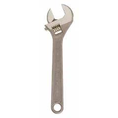 This nonsparking adjustable wrench is constructed from aluminum bronze with a natural finish, making it suitable for use in environments where sparking from steel tools must be avoided. With an overall length of 8 inches and a jaw capacity of 1 1/8 inches, it is designed for tightening or loosening nuts and bolts in hazardous locations such as chemical plants, oil refineries, and gas facilities.