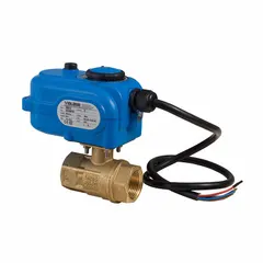 Brass two-way ball valve with 110V AC electric actuator, manual override, and ISO 5211 mounting pad. Straight body with FNPT x FNPT connections. Used for on/off flow control in water, oil, and gas systems.