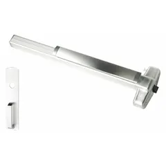 Rim-type exit device with touchbar style, chrome finish, and night latch outside trim. Designed for doors up to 4 ft wide. ADA compliant for code-compliant egress in commercial buildings, schools, and hospitals.