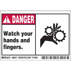 Set of 5 adhesive-mounted polyester signs with nominal size 3 1/2 in x 5 in and 0.01 in thickness. Designed to warn personnel of hand and finger hazards in areas where pinch points or moving machinery present risk. Not retroreflective and does not glow in the dark.