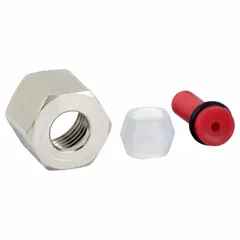 This pneumatic thermostat flow restrictor is constructed of red plastic and features 1/4 in compression fittings. It has an output flow capacity of 25 scim at 20 psig. Used in HVAC control systems to limit airflow in pneumatic lines for stable operation of actuators and valves.