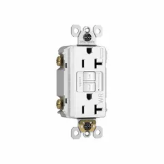 Duplex GFCI receptacle rated 125V AC, 20 A, 5-20 configuration, 2-pole/3-wire with isolated ground. White finish. Provides ground-fault protection for personnel in wet or damp locations such as kitchens, bathrooms, outdoor areas, and workshops.