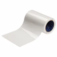 Clear acrylic laminate roll with permanent adhesive, measuring 10 1/4 in height by 7 1/4 in width. Used as an overlaminates to protect printed labels from abrasion, chemicals, and moisture in industrial environments.