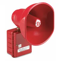 This 15-watt tone alarm speaker operates on 24V DC and is rated for indoor and outdoor use. The red housing houses a speaker that produces tone sound for signaling applications in industrial environments such as manufacturing plants, warehouses, and commercial facilities