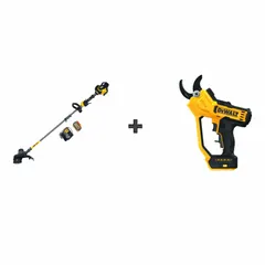 This combination kit includes a string trimmer with a 15-inch cutting width and a pruner, both powered by a 20V MAX* battery system. The kit is supplied with one 9.0 Ah battery. Suitable for trimming grass, weeds, and pruning branches in yard maintenance and groundskeeping tasks.