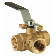 This three-way ball valve features an L flow pattern for diverting or mixing flow between two of three FNPT ports. Constructed of brass with a standard port ball port and lever handle. Suitable for use in water treatment, chemical processing, and HVAC systems.