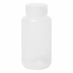 Polypropylene Wide Mouth Round Lab Bottle, 250 mL (8 fl oz), Colorless, Unlined, Closure Included