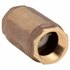 Inline check valve with lead-free bronze body and spring-loaded poppet. Prevents backflow in piping systems for water, HVAC, and industrial applications. 1 1/2 in FNPT x FNPT connections with NPT threads. Suitable for horizontal or vertical installation.